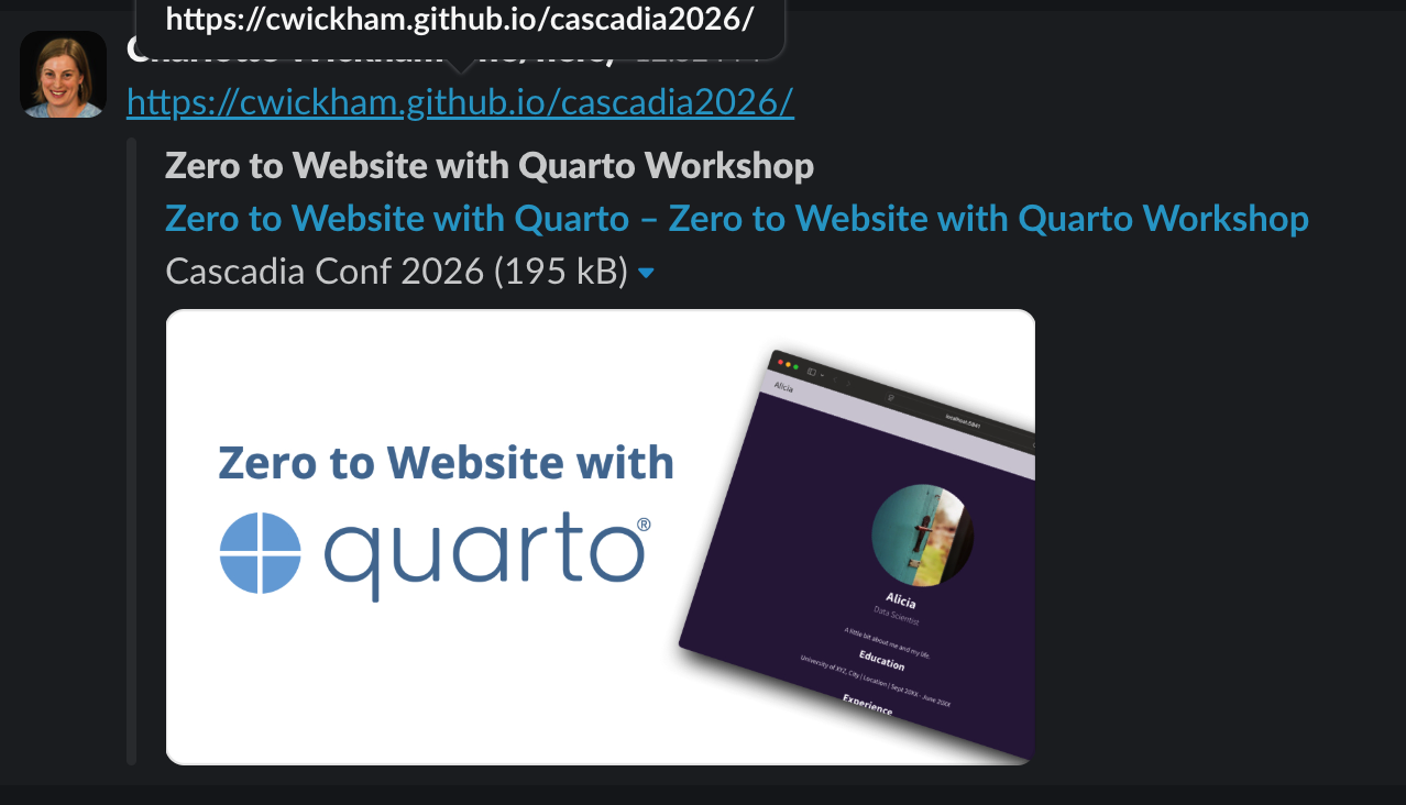 Example of social card for the workshop website as seen in Slack
