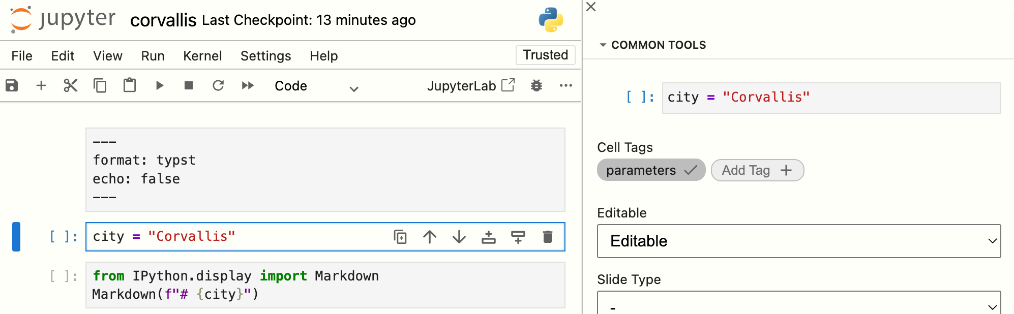 The `corvallis.ipynb` notebook with the code cell that contains the `city` variable highlighted. The tag `parameters` is added to the cell.
