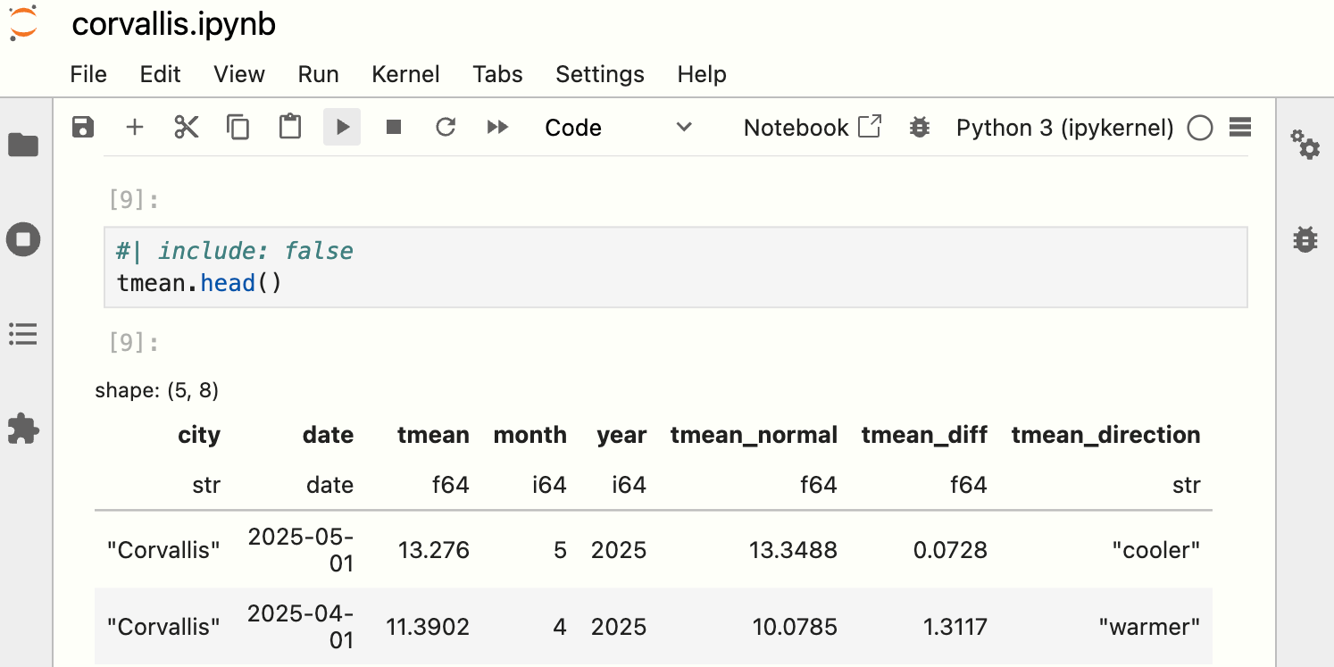 The `corvallis.ipynb` notebook with a code cell that has `#| include: false` in the first line.