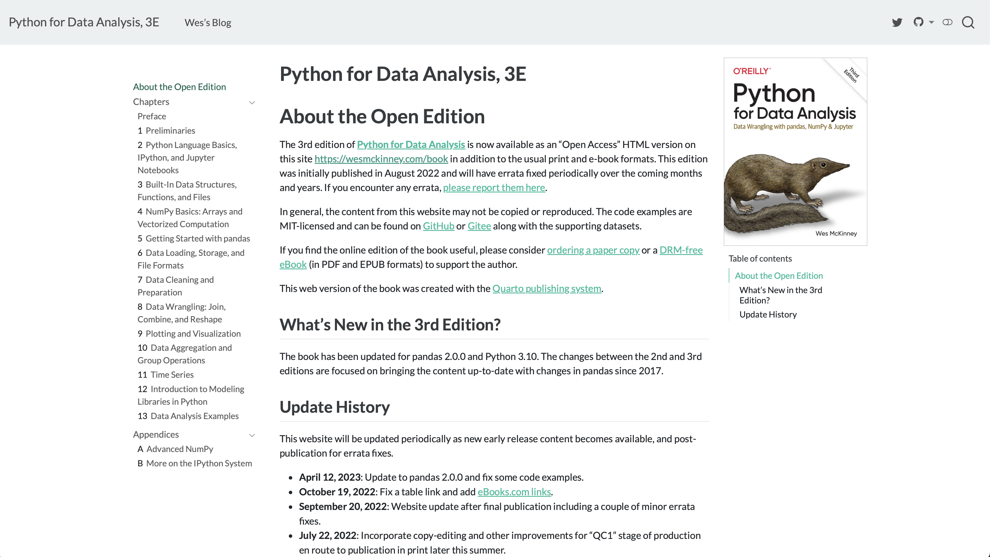 Screenshot of the book Python for Data Analysis, which is a Quarto book.